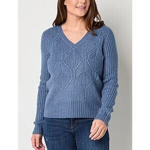 St John's Bay Women's Sweater Soft Ribbed Blue V-Neck Pullover Knit - Size Small